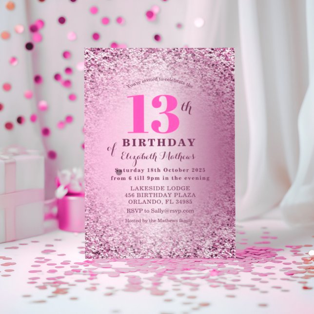 13-års födelsedags roséguld glitter & rosa  inbjudningar (Skapare uppladdad)