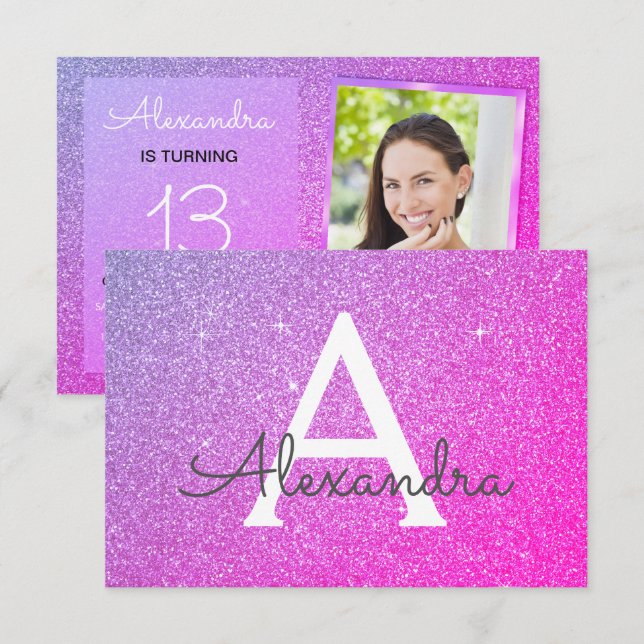 13-års födelsedagsglans lila rosa foto inbjudningar (Fram/baksida)