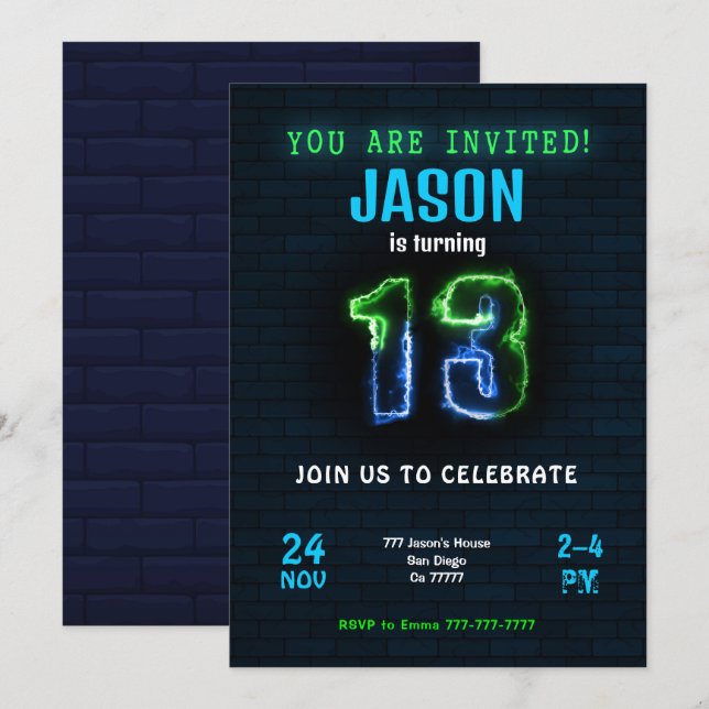 13-års pojkfödelsedagsinbjudning inbjudningar (Fram/baksida)