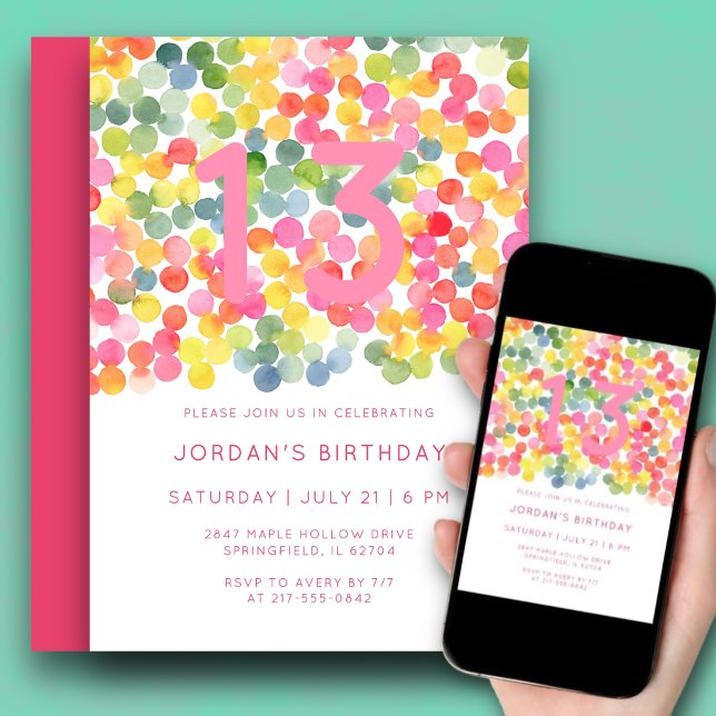 13-årsdag Modernt vattenfärg Djärv Söt Rosa Inbjudningar (Colorful watercolor dots bring instant party energy.)