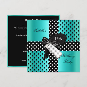 13-årsdag Polka Dot Teal Blå Svart Vit Inbjudningar