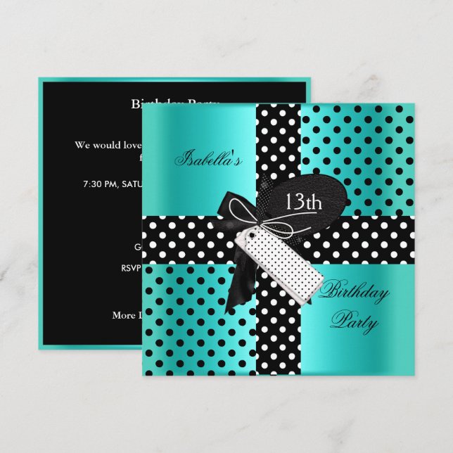 13-årsdag Polka Dot Teal Blå Svart Vit Inbjudningar (Fram/baksida)