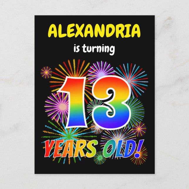 13-årsdag - Roliga fyrverkerier, regnbågsutseende  Vykort (Framsida)