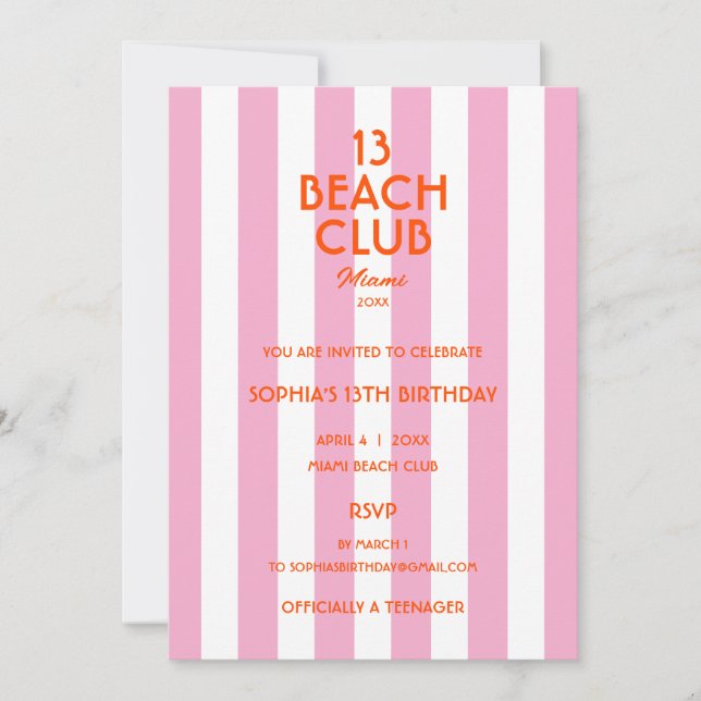 13 Beach Club Cabana Randig 13-årsfest  Inbjudningar (Framsida)