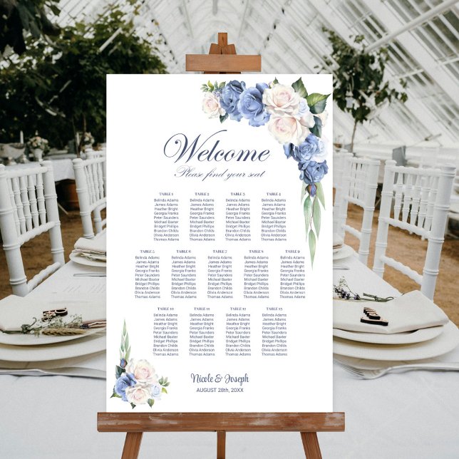 13 Bord Blå Vit Ros Blommig Placeringsplan Poster (Skapare uppladdad)