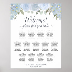 13 Bord Dusty Blue Blommigt Bröllop Sittdiagram Poster