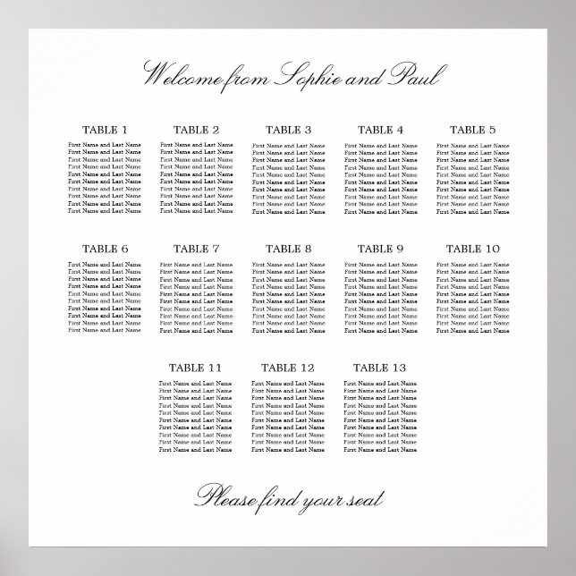 13 Bord Elegant Minimalistisk Placeringsplan Poster (Framsidan)