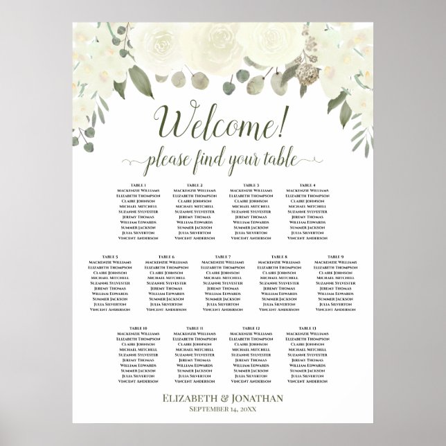 13 Bord Elfenbensvit Blommig Bröllops Sittplatskar Poster (Framsidan)