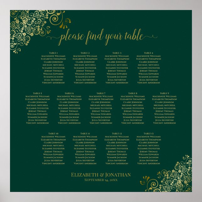 13 Bord Emerald Grönt Bröllop Seating Chart Guld Poster (Framsidan)