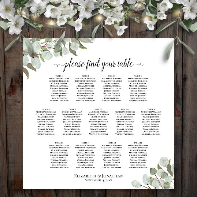 13 Bord Eucalyptus Greenery Bröllop-sätesdiagram Poster (In Situ on Wooden Wall with Flowers)
