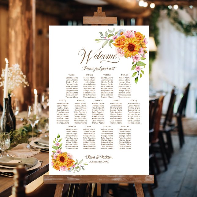 13 Bord Gul Rosa Blommig Bröllopsplatskarta Poster (Skapare uppladdad)