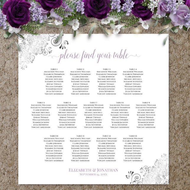 13 Bord Lacy Bröllop Seating Chart White Lavender Poster (In Situ on Wall with Flowers)