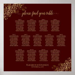 13 Bord Lacy Guld & Auburn Bröllop Seatdiagram Poster