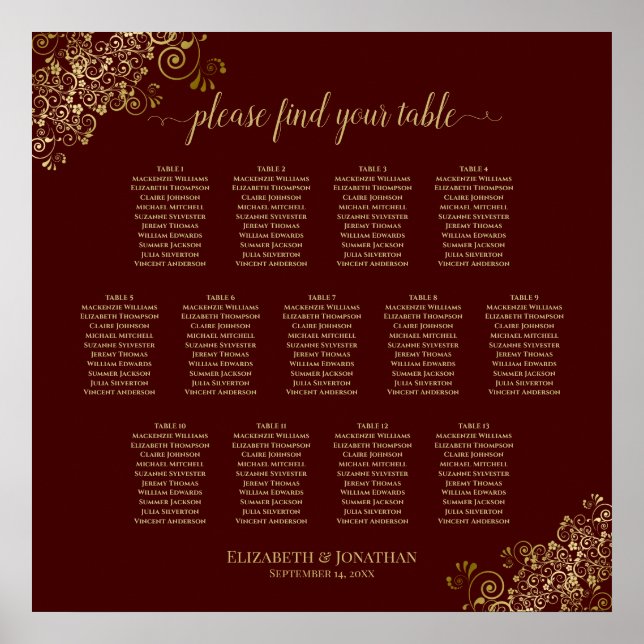 13 Bord Lacy Guld & Auburn Bröllop Seatdiagram Poster (Framsidan)