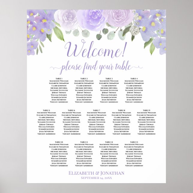 13 Bord Lavender Blommigt Bröllop Sittplatsdiagram Poster (Framsidan)