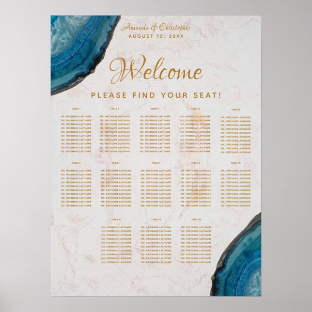 13 Bord Marble Bröllop Seating Chart Blue Geode Poster (Framsidan)