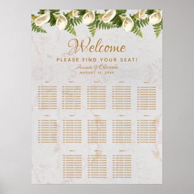 13 Bord Marmor Bröllop Placeringsplan Kallaliljor Poster (Framsidan)