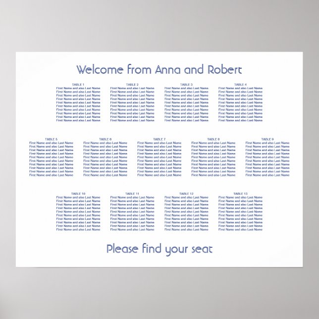 13 Bord Minimalistiskt Mörk blått sittplatsschema Poster (Framsidan)