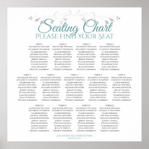 13 Bord Teal on White Bröllop Seating Chart Poster