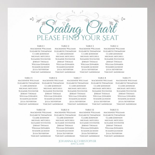13 Bord Teal on White Bröllop Seating Chart Poster (Framsidan)