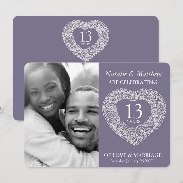 13:e årsdagen av vigseln grå vit inbjudningar (Fram/baksida)