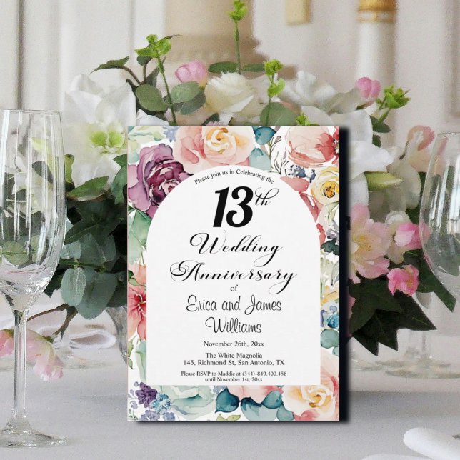 13:e Bröllop-årsdagen Elegant Script-Blommigt Inbjudningar (Skapare uppladdad)
