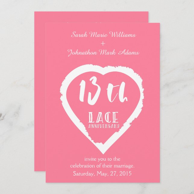 13:e bröllopsdagars traditionella spets inbjudningar (Fram/baksida)