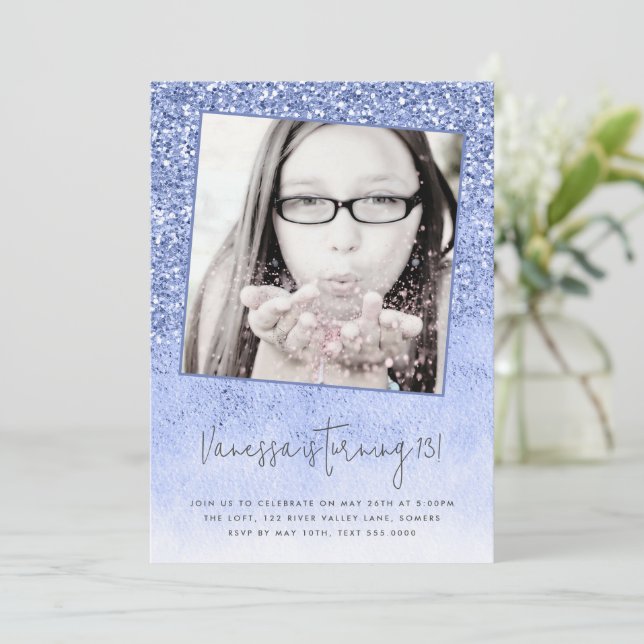 13:e födelsedag Blått Glitter Tonåring foto Inbjudningar (Stående Fram)