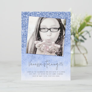 13:e födelsedag Blått Glitter Tonåring foto Inbjudningar