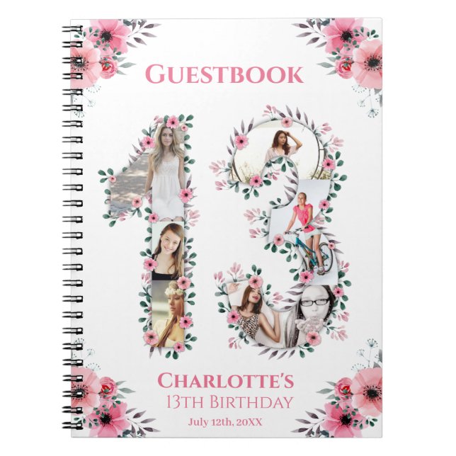 13:e födelsedag Fotokollage Rosa Flower Guest Bok Anteckningsbok (Framsidan)