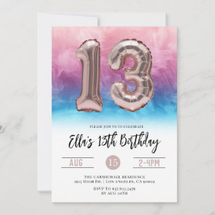 13:e födelsedag - inbjudan till Rosa med blå tonin