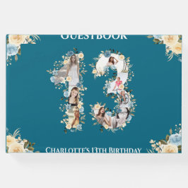 13:e födelsedag Photo Teal Collage Gult Flower Gästböcker