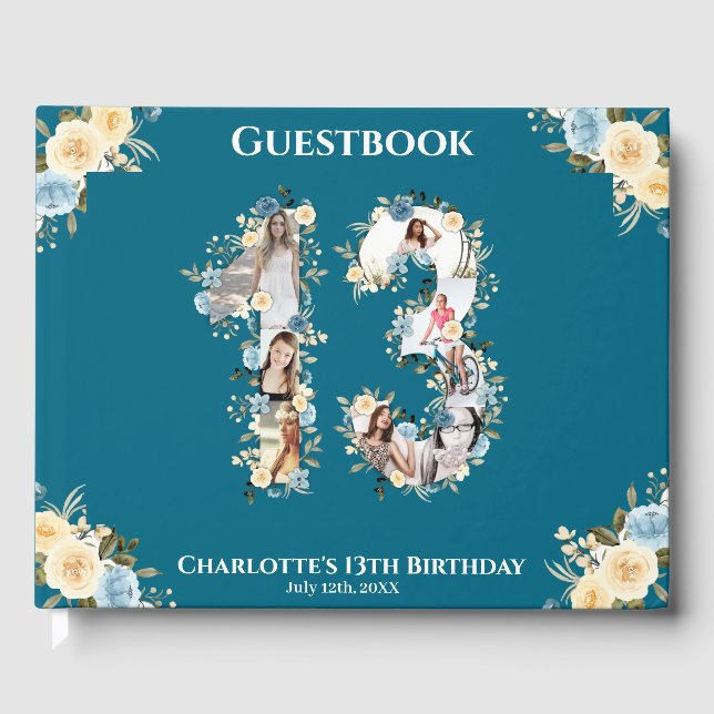 13:e födelsedag Photo Teal Collage Gult Flower Gästböcker (Framsida)