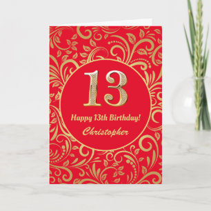 13:e födelsedag Röda och Guld Blommönstret Kort
