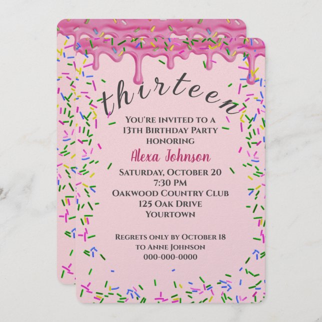 13:e födelsedag Rosa Icing and Sprinkles Inbjudningar (Fram/baksida)