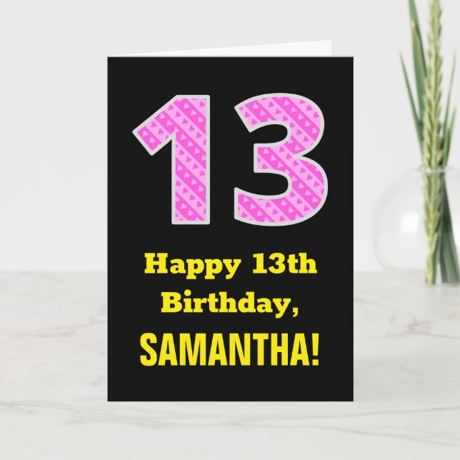 13:e födelsedag: Rosa Rand och örter "13" + Namn Kort (Framsida)