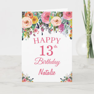 13:e födelsedag Vattenfärgsblommor Blommigt Rosa Kort