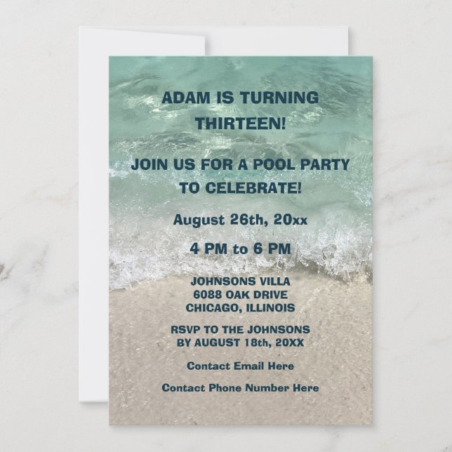 13:e födelsedagen Bassäng Beach Vatten Simma Party Inbjudningar (Framsida)