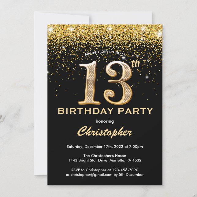 13:e födelsedagen Black and Guld Glitter Confetti Inbjudningar (Framsida)