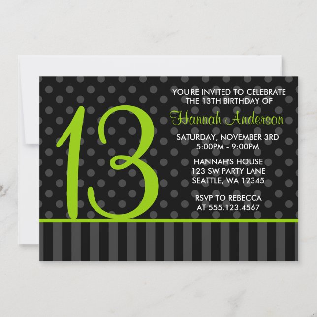 13:e födelsedagen Lime Green Black Polka Dot Rand Inbjudningar (Framsida)