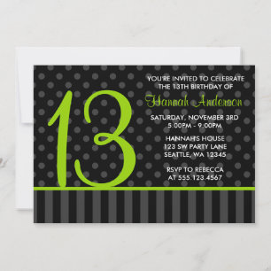 13:e födelsedagen Lime Green Black Polka Dot Rand Inbjudningar