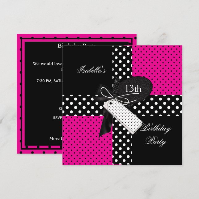 13:e födelsedagen Polka Dot Shock rosa Black White Inbjudningar (Fram/baksida)