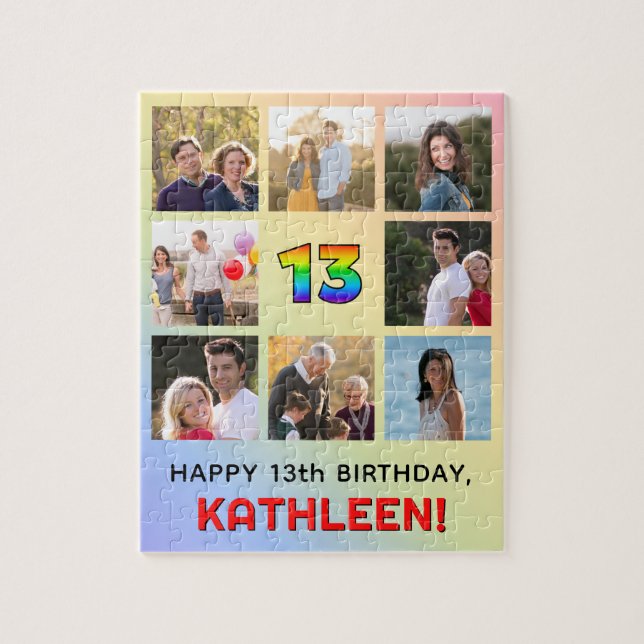 13:e födelsedagen: Roligtens regnbågsnr, eget namn Pussel (Vertikal)