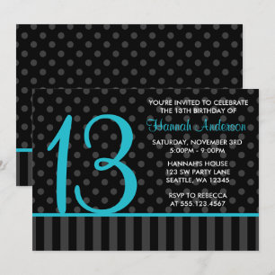 13:e födelsedagen: Teal Blue Black Polka Dot Rand Inbjudningar