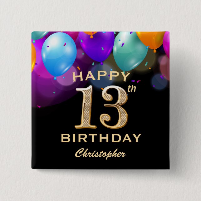 13:e Födelsedagsfesten Black and Guld-ballonger Knapp (Framsida)