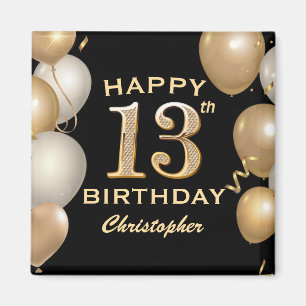 13:e Födelsedagsfesten Black and Guld-ballonger Magnet