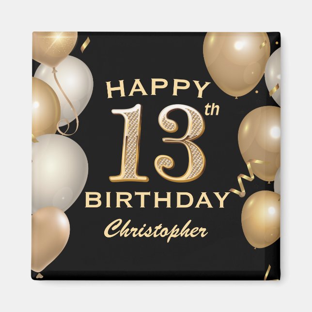 13:e Födelsedagsfesten Black and Guld-ballonger Magnet (Framsidan)