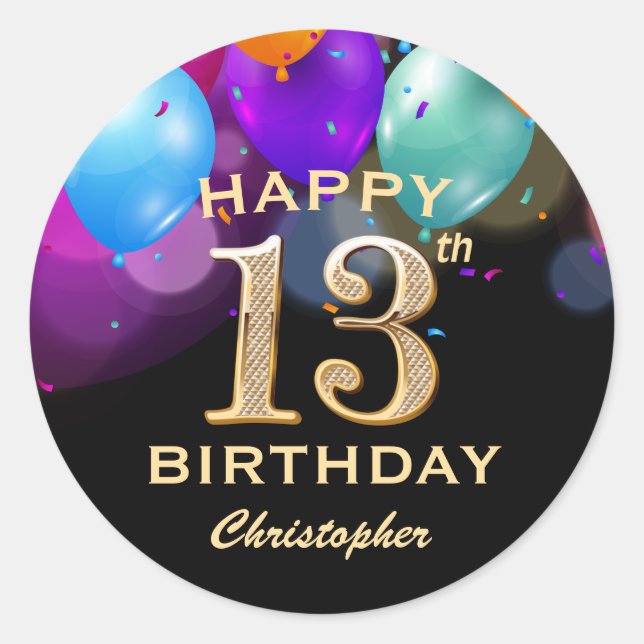 13:e Födelsedagsfesten Black and Guld-ballonger Runt Klistermärke (Framsida)