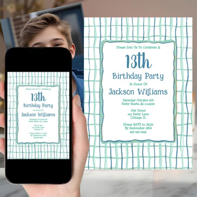 13:e Födelsedagsfesten Hand plockade unika blå Grö Inbjudningar (Skapare uppladdad)