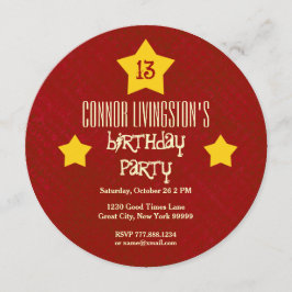 13:e Födelsedagsfesten Red Circle Guld Stars V03D3 Inbjudningar